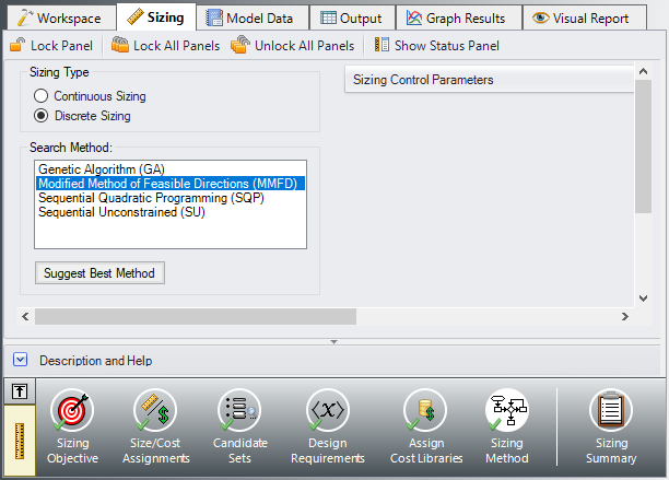 The Sizing Method panel in the Sizing Window with Discrete Sizing selected. 